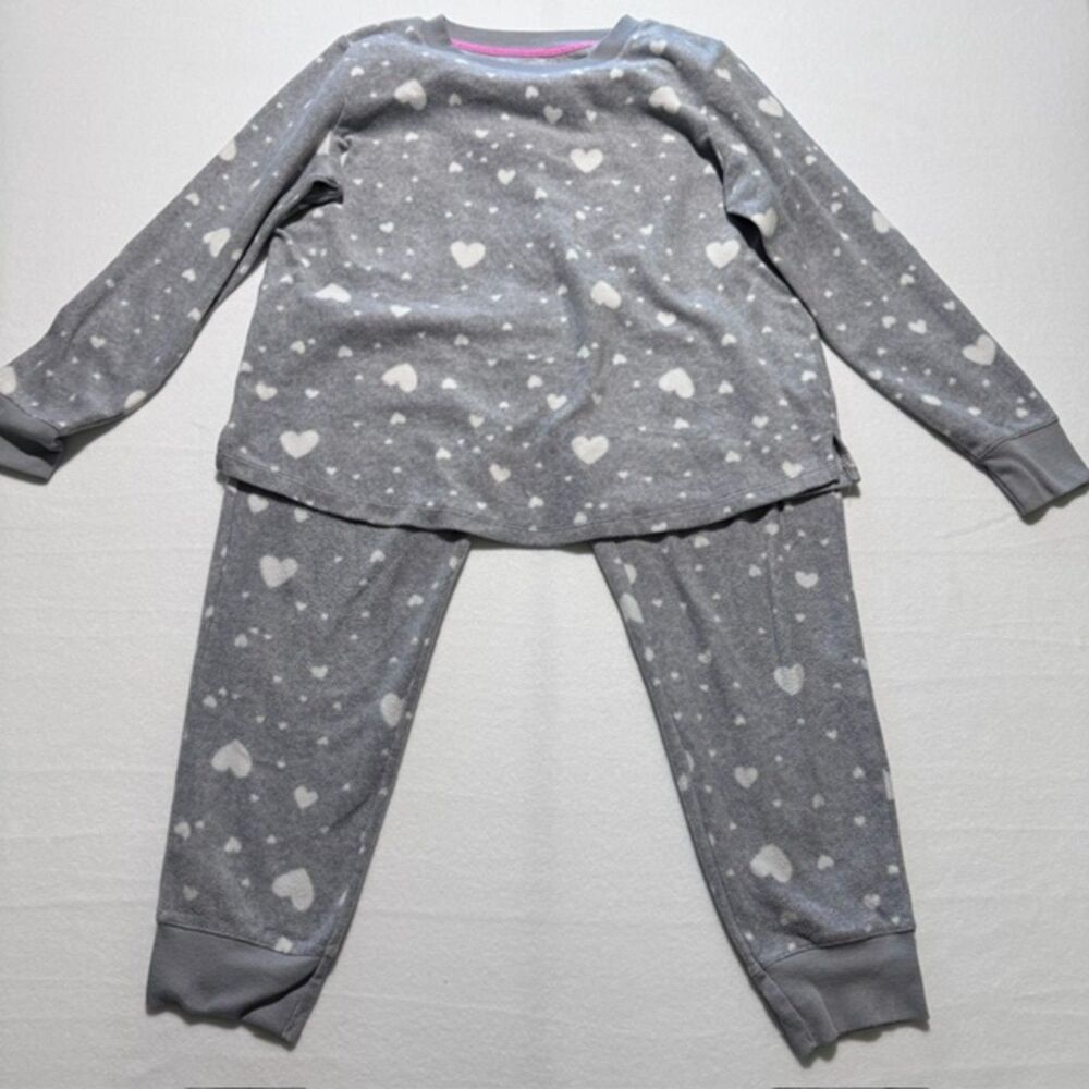 Jaclyn New York Women Medium Gray Heart Print Fleece Pajama Set Long Sleeve Jogg